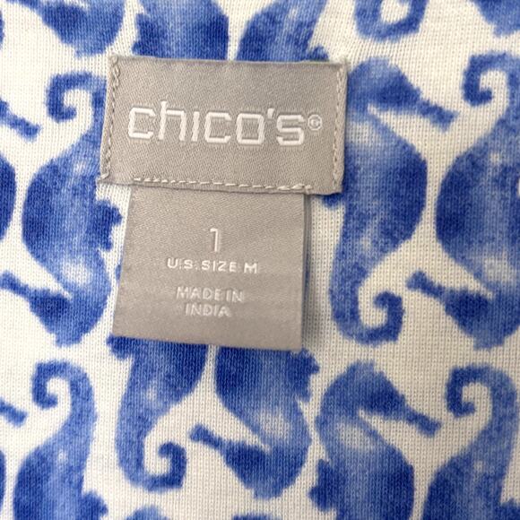 Chico's Wms 1/M Blue Seahorse Print Pima Cotton Tunic Top Lightweight Coastal - Picture 3 of 6